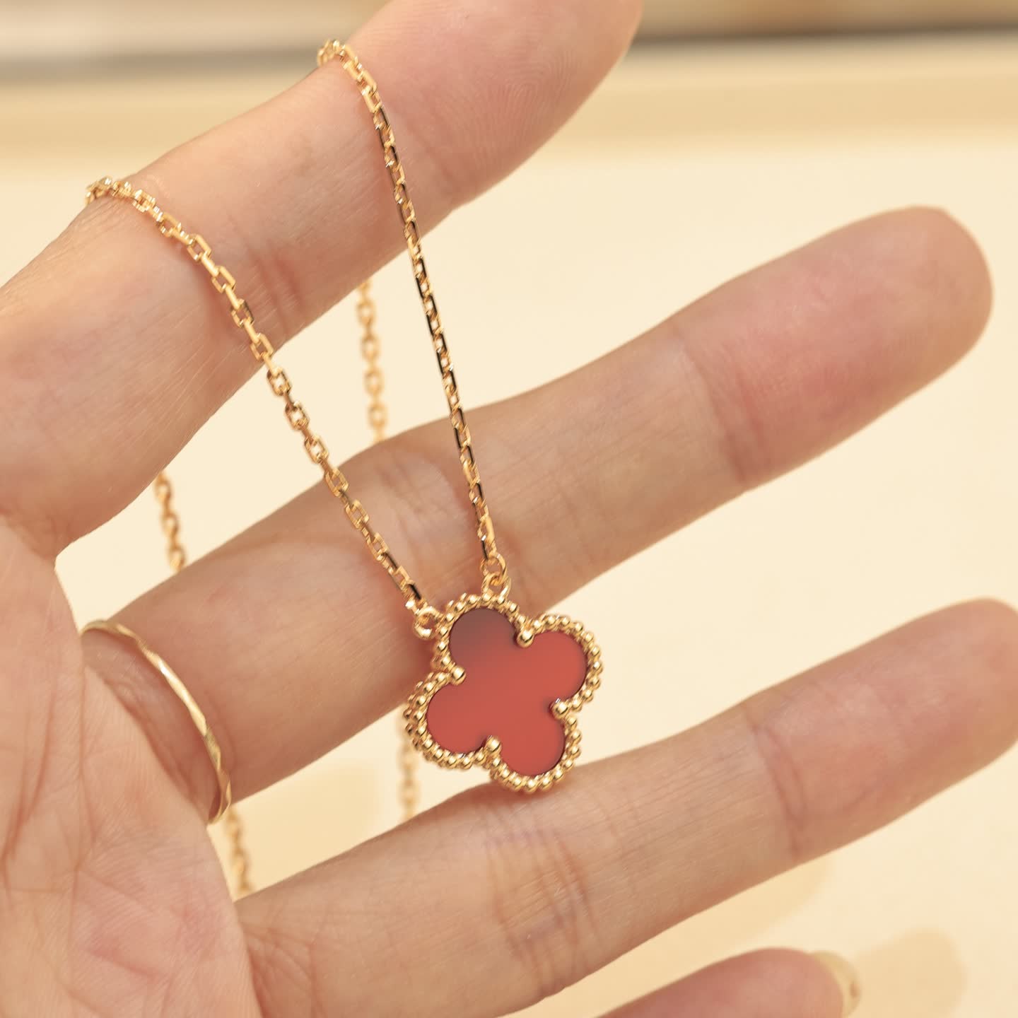 Van Cleef & Arpels Vintage Alhambra Red Enamel Gold Necklace